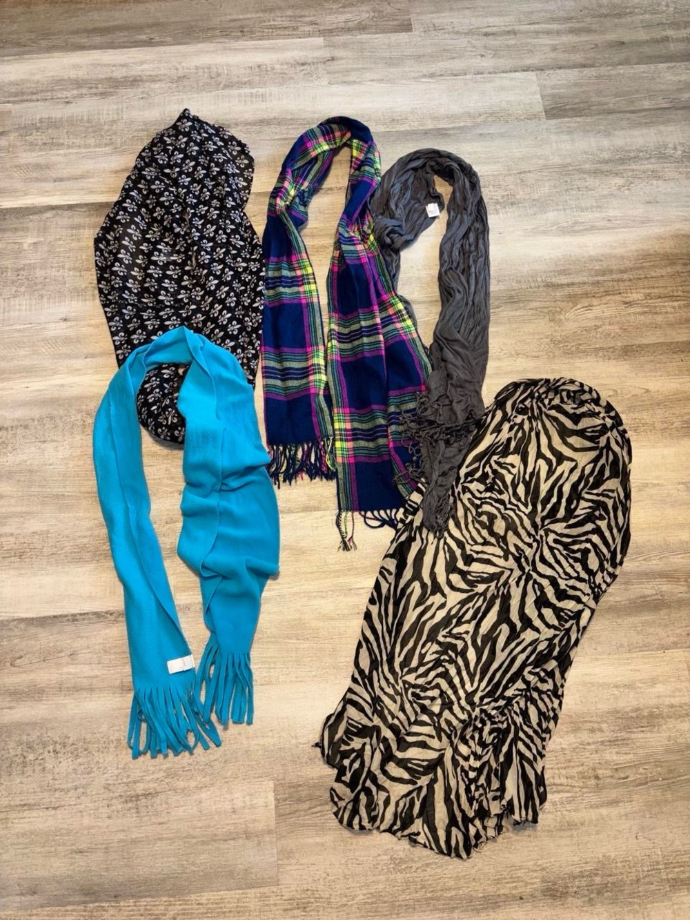 Women's Mixed Scarves Set - Blue, Plaid, Gray, Black Floral, Zebra